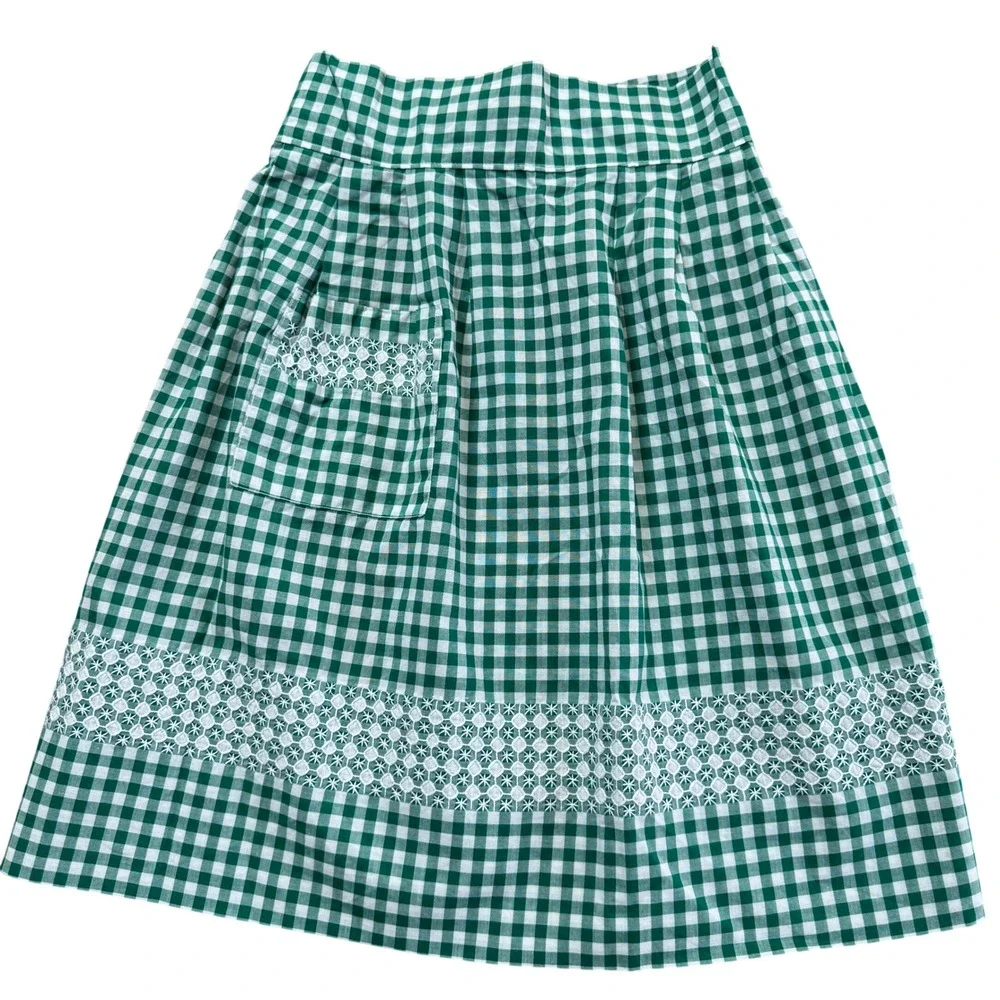 VNTG Green White Gingham Check Apron Shabby Chic Cottagecore Hostess Lace Trim